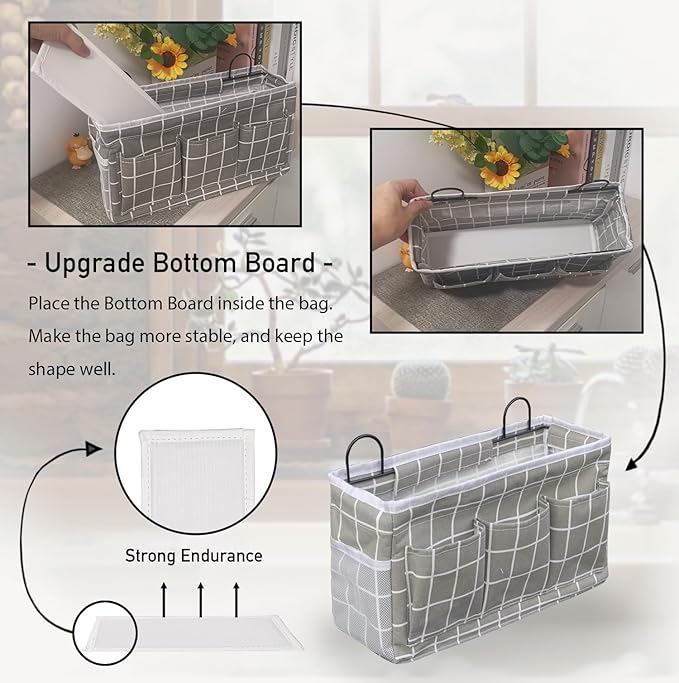 Kanrichu 2pcs Light-Style Wall Hanging Storage Bag, Linen Fabric Door Hanging Organizer Baskets with Pockets, Waterproof Bin for Bedroom, Kitchen, Office, RV Camper (GreyGrid-2pcs)
