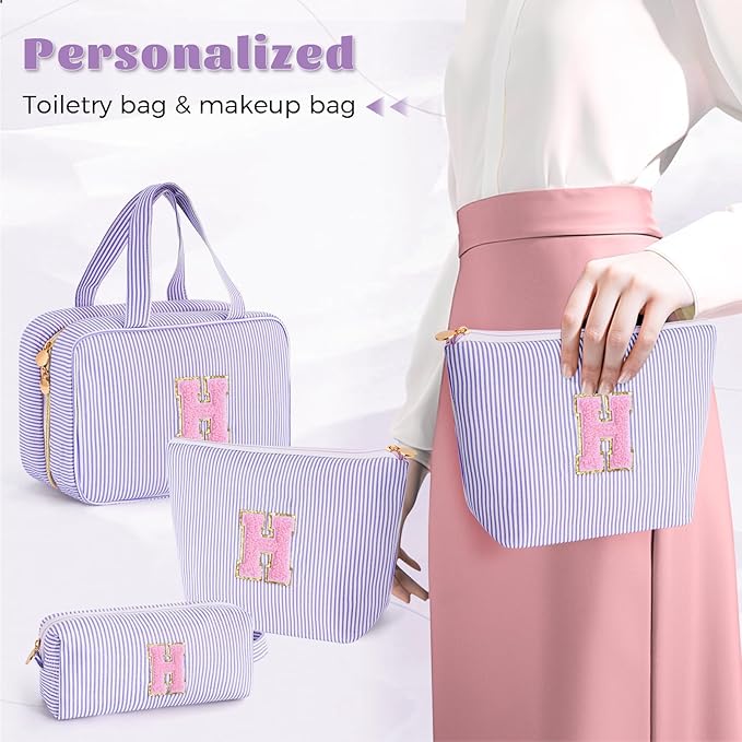 Fystdtote Personalized Initial Cute Toiletry Bag Pouch Make Up Bags Travel Cosmetic Makeup Bag for Girl Girlfriend Wife Teacher Mom Her 16th 17th 18th Birthday Gifts - Lavender,H