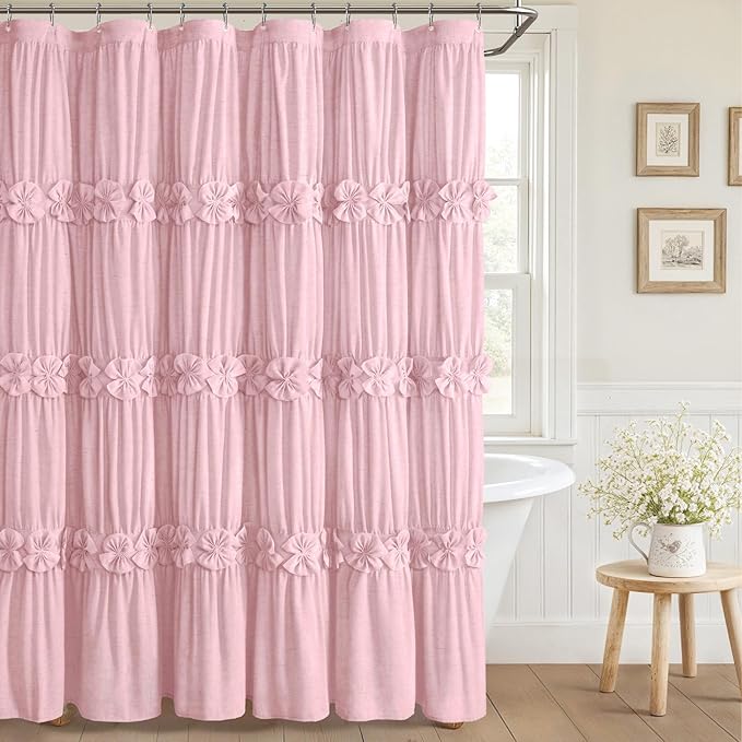 XOGUIBO Ruffle Shower Curtain with Handmade Bow Tie, Pink Linen Vintage Farmhouse Shower Curtain for Bathroom, 72" W x 72" H