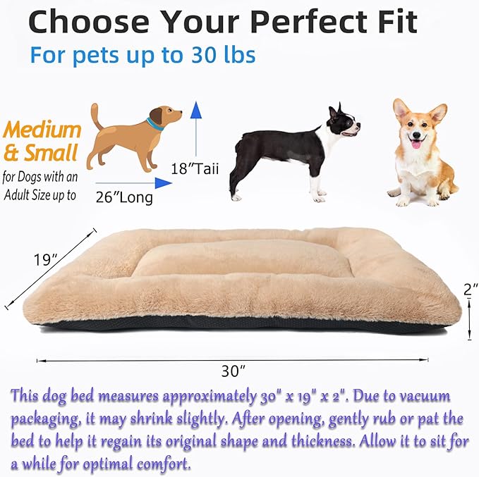 Dog Beds Crate Pad for Medium Dogs Fit Metal Crates or Cages,Ultra Soft Dog Kennel Mat for Crates Washable with Anti-Slip Bottom Kennel Pad for Dogs Cozy Sleeping Mattress,30" x 19",Light Brown