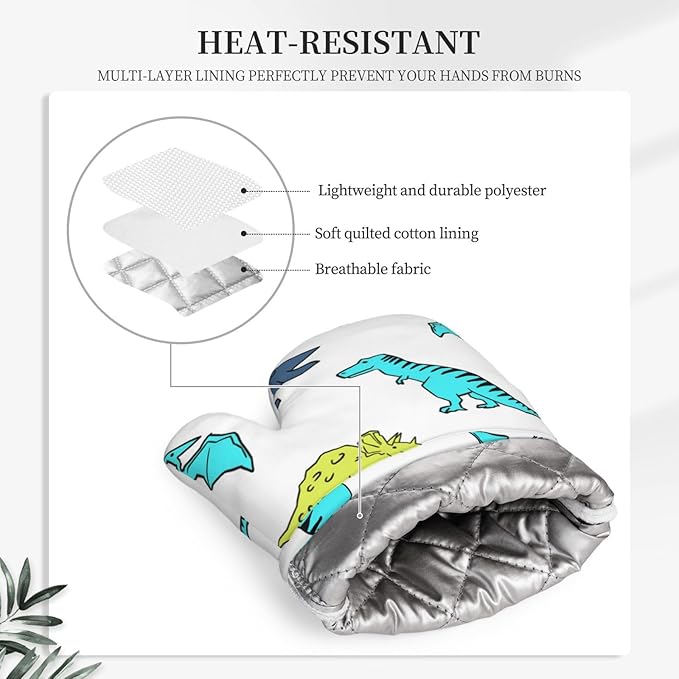 Cartoon Cute Dinosaur Oven Mitts and Pot Holders Sets, Home Silicone Heat Resistant BBQ Gloves for Kitchen Baking Cooking Grilling Microwave