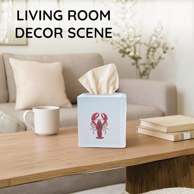 EmbroideryLinen.VN Tissue Box Cover Set of 2, Square Cotton Tissue Holder, Printed Animal Pattern, 4.5x4.5x5.5 Inches, Decorative Holder for Bathroom, Living Room, Office (Lobster & Flamingo)