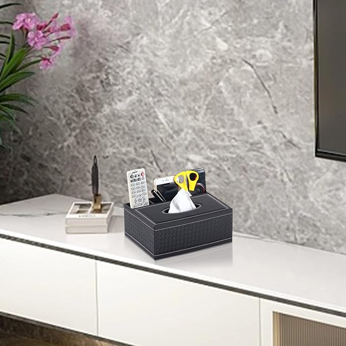 XNONE Tissue Box Cover Rectangle Black Tissue Box Holder PU Leather Facial Tissue Organizer,Multifunctional Remote Control Stationery Storage Box,Home Office Supplies Car Napkin Caddy