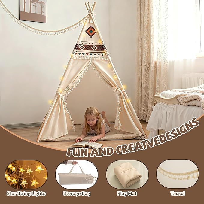 Duwenem Teepee Tent for Kids, Play Tent with Padded Mat & Star Lights, Indoor Play Tent for Girls & Boys, Desert Camel