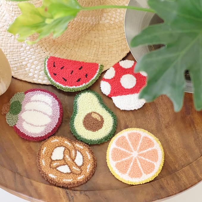 HAND U JOURNEY 6Pcs Food Series Embroidery Punch Needle Refrigerator Magnets Set – Rug Punch DIY Craft Kit for Adults and Beginners
