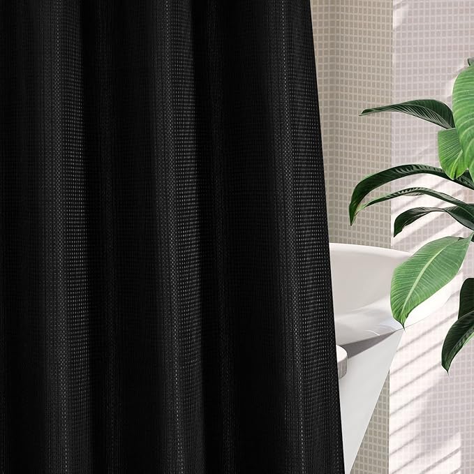 MitoVilla Black Waffle Long Shower Curtain Liner Set 72 x 80, No Hooks Needed 80 inch Long Heavyweight Fabric Shower Curtain Set with Snap-in Liner for Hotel Grade Spa-Like Bathroom Decor