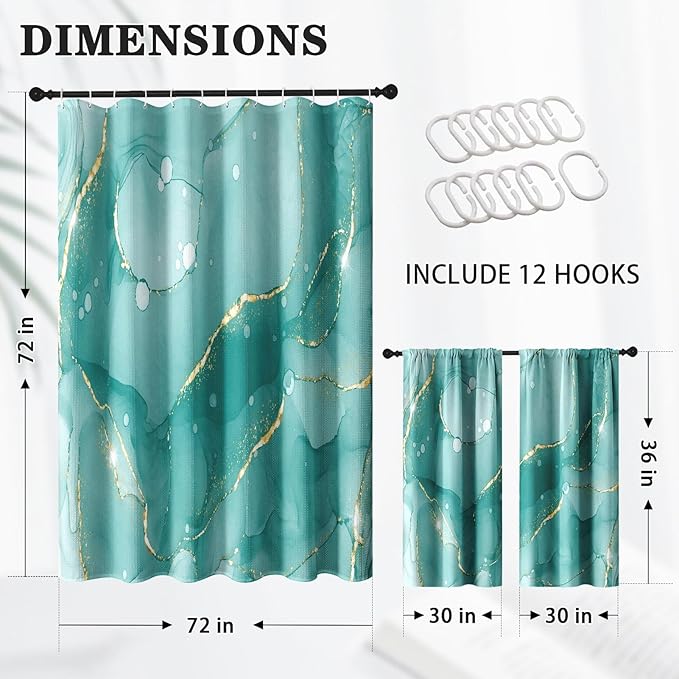 Culudea Mint Green Marble Gold Shower Curtain Set, Teal Turquoise Blue Abstract Bathroom Window Waterproof Shower Curtain Set for Bathroom Decor