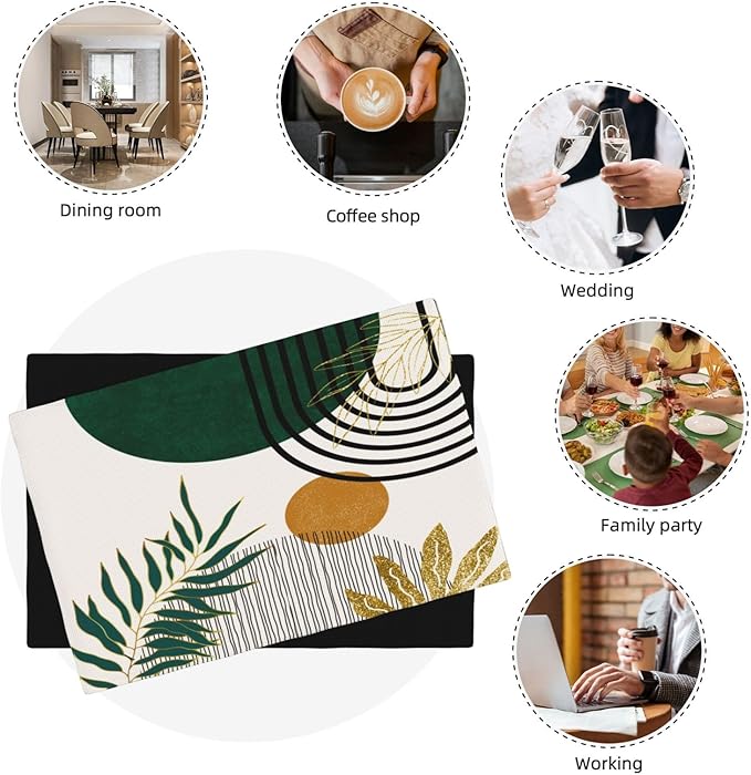 Boho Placemats, Modern Minimalist Art Abstract Geometric Sun Plant Print Washable Fabric Placemats Table Kitchen Dining Party 12x18 Inch Set of 6