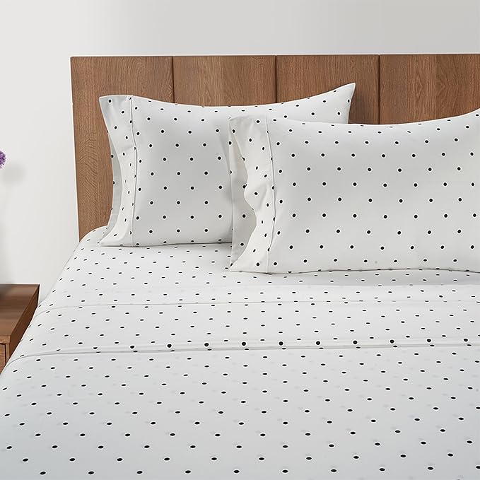 LANE LINEN 450 TC 100% Cotton Printed Polka Dot Queen Sheets, Soft Sateen Weave, Deep Pocket Queen Sheets for 15” Mattress, Mercerized Cotton Fully Elasticized Luxury Hotel Bedding, Polka Dot - Black