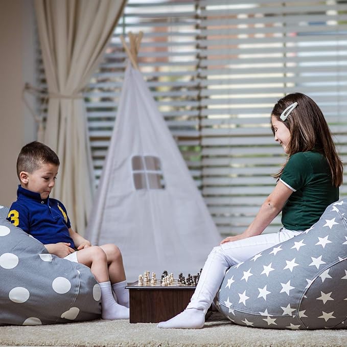 WEKAPO Stuffed Animal Storage Bean Bag Chair Cover for Kids | Stuffable Zipper Beanbag for Organizing Children Plush Toys Large Premium Cotton Canvas (Grey Star, X-Large)