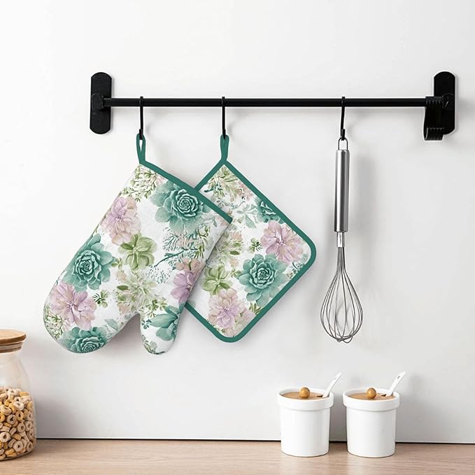 Oven Mitts and Potholders Green Succulents Silicone Glove Heat Resistant, Kitchen Gloves for Cooking, 2-Piece Set