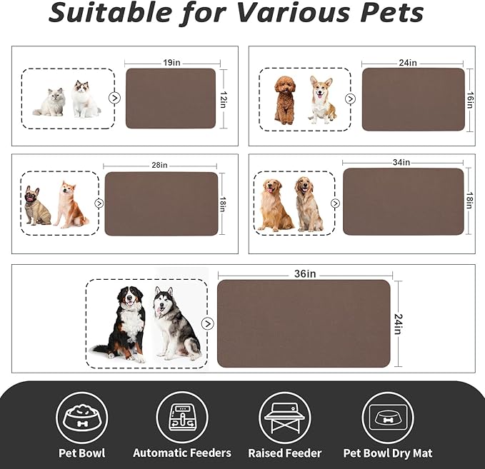 HotLive Dog Food Mat - Absorbent Cat Mat for Food and Water, No Stains Pet Feeding Bowl Mat, Easy to Clean Pet Placemats, Quick Dry Dog Water Dispenser Mat for Messy Drinkers | Brown 18"x 28"