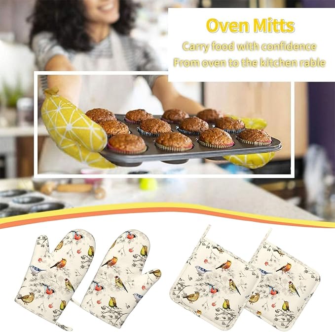 Beige Vintage Bird Oven Mitts And Pot Holders Set Of 4 Silicone Heat Resistant Oven Mitten Potholders Non Slip Gloves Kitchen Decor For Bbq Cooking Grilling Baking