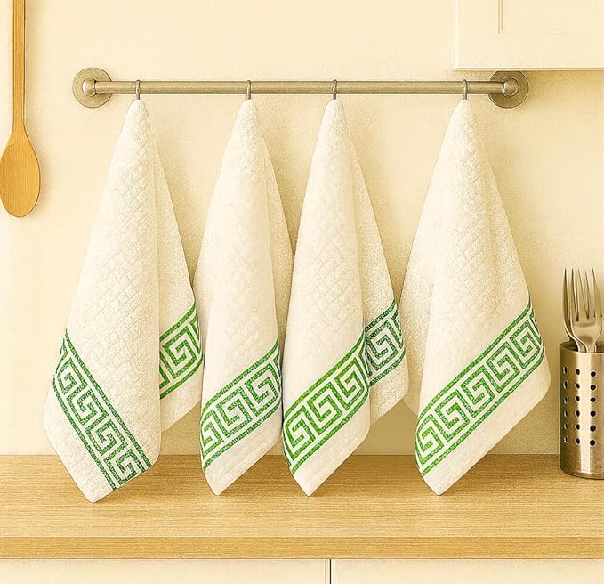 Attica Tracery Pure Cotton Kitchen Tea Towels – White Waffle Towels | Super Absorbent Kitchen Napkins | Reusable Cloths for Dishes, Counters & More - (60x38 cm, Set of 5) (White with Green Border)