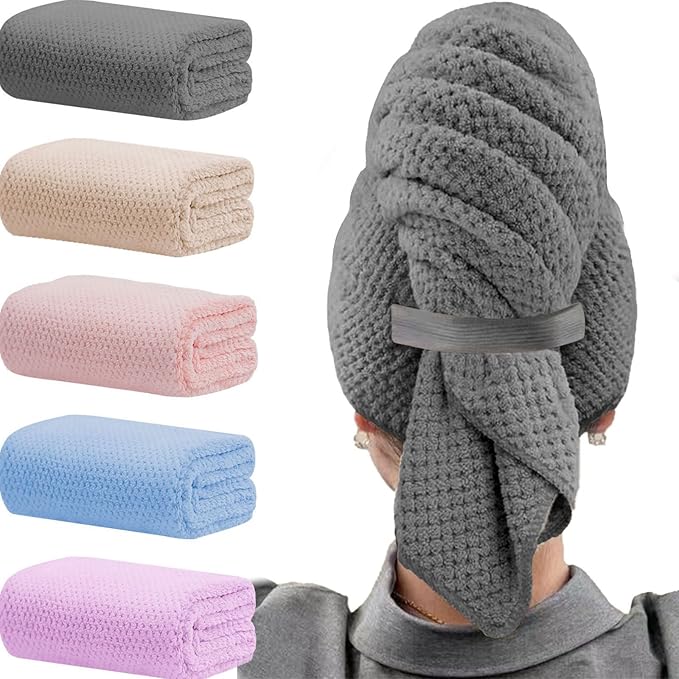 Wuwahold Microfiber Hair Towels, Waffle Hair Towel Set, Super Soft Highly Absorbent, Sturdy Quick Drying Turbans for Long, Thick, Curly Hair (5 Pack, 40" x 20")