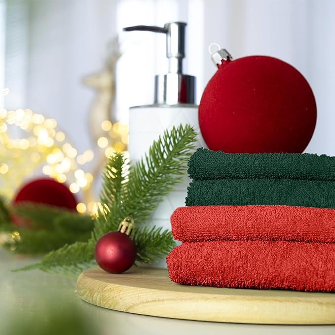 RIVERSIDE 24 Pack Christmas Washcloths Set - 100% Cotton [12x12 Inches] - Soft, Quick-Dry & Highly Absorbent Face Towels - Perfect for Bathroom, Gym, Hotel, Spa & Travel - Red Hunter Green