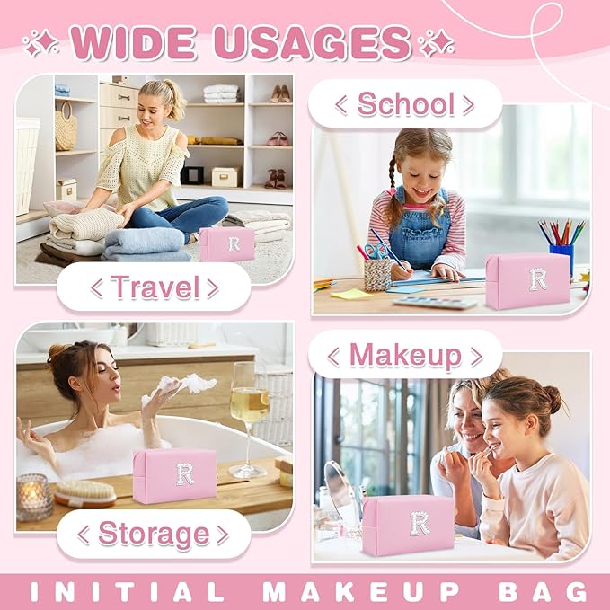 ChaoGreat Bride Gifts – Personalized Initial Makeup Bag with Pearl Rhinestone Patch, Preppy Pink Monogram Cosmetic/Toiletry Pouch, bridesmaid Gifts, Bridal Shower Gifts, Wedding Gifts, Bridal Gifts,R