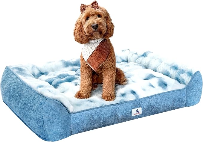 Welfibr Fluffy Faux Fur Dog Bed Medium Size Dog Washable Rasied Dog Bed Orthopedic Dog Bed with Sides Noiseless Supportive Foam Dog Couch Anti-Slip Comfort Pet Beds with Removable Cover Blue 42"