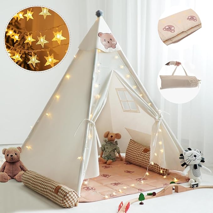 RongFa Teepee Tent for Kids-Portable Children Play Tent Indoor Outdoor (White with Mat)