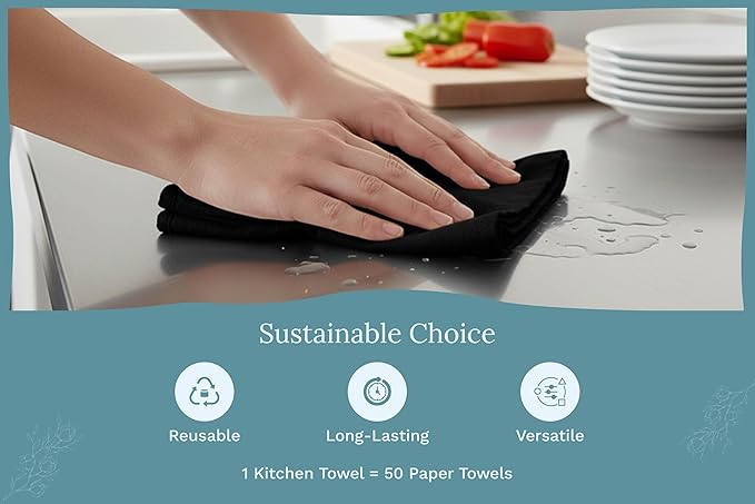 Organic Cotton Black Tea Towels - 100% Cotton, 10-Pack, Reusable and Washable Flour Sack Towels for Kitchen - Extra Large 27"x27", Durable Dish Towels with Hanging Loop (Black)