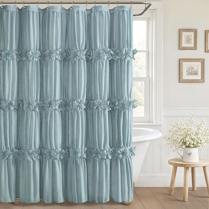 XOGUIBO Ruffle Shower Curtain with Handmade Bow Tie, Spa Blue Vintage Farmhouse Shower Curtain for Bathroom, 72" W x 72" H