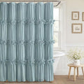 XOGUIBO Ruffle Shower Curtain with Handmade Bow Tie, Spa Blue Vintage Farmhouse Shower Curtain for Bathroom, 72" W x 72" H