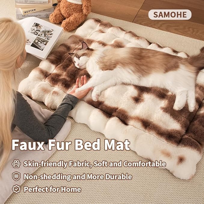 SOMAHE Cat Bed Ultra Soft Plush Machine Washable Pet Mat with Non-Slip Rubber Bottom for Indoor Cats & Dogs Faux Fur Cushion Pad for Floor Couch Carrier for Kittens & Puppies 23 x 15 Inch Medium Brown