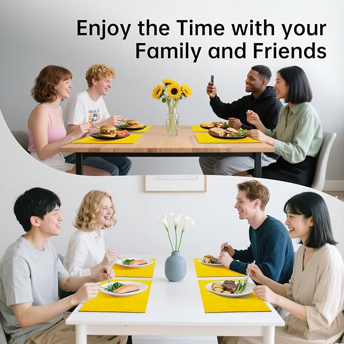 Blue Forest | Rectangular Faux Linen Placemats Set of 8 | Dual- Layered Thickened for Durability | Heat Resistant | Machine Washable | Wrinkle Free for Easy Care Indoor/Outdoor Use - Bright Yellow