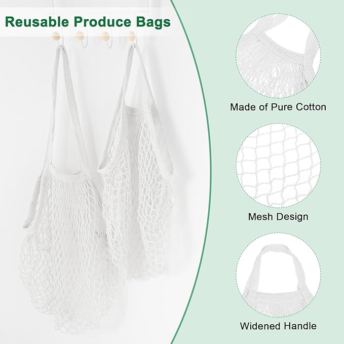 M METERXITY 2-Pack Cotton Mesh Bag, Reusable Washable Mesh Net String Grocery Bags, Reusable Produce Bags with Handle, Net Tote Bag for Fruits/Vegetables Shopping [White, Long&Short Handle]