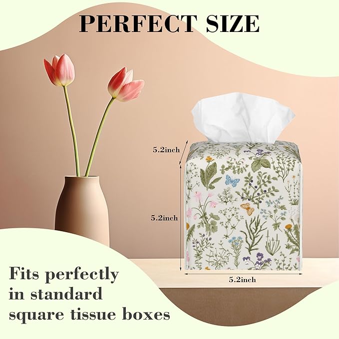 Vintage Floral Butterfly Tissue Box Cover,Colorful Herbs and Wild Flowers Waterproof Leather Square Tissue Box Cover Case Facial Paper Organizer Dispenser Box Holder for Home Office Bathroom Vanity