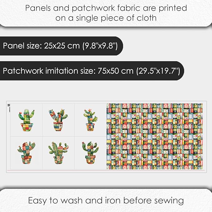 Patchwork Cactus Cotton Fabric Panel – Six 10×10 inch Designs + Bonus 29.5×19.6 inch Patchwork Sheet, 100% Turkish Cotton 140 GSM