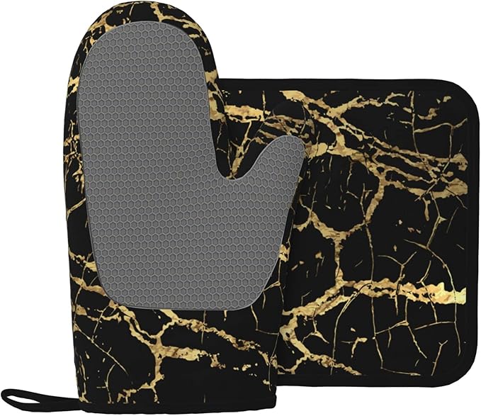 Oven Mitts and Potholders Black Marble Silicone Glove Heat Resistant, Kitchen Gloves for Cooking, 2-Piece Set