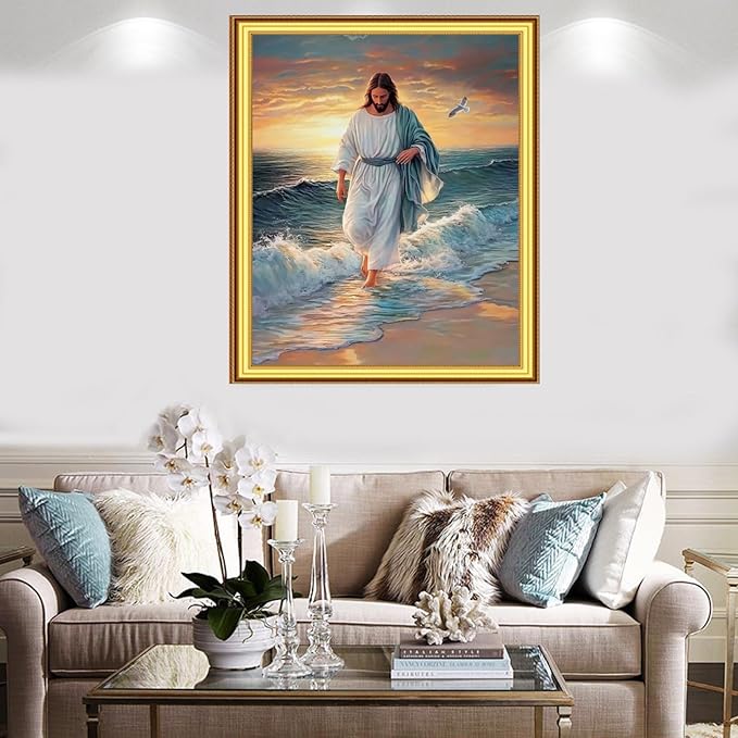 Foxnyart Stamped Cross Stitch Kits Full Range of Embroidery Needlework Starter Kits for Beginners Adults 11CT Embroidery Patterns Art Crafts DIY Needlepoint Kit-Beach Jesus by The Sea 16x20 inch
