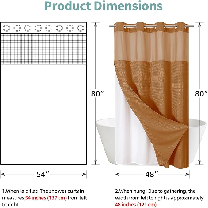 eachope BurntOrange No Hook Waffle Weave Shower Curtain with snap-in Liner Replacement, 230GSM Waterproof Fabric Hotel Shower Curtain Set for Bathroom, Through Mesh Top Window,54Wx80H