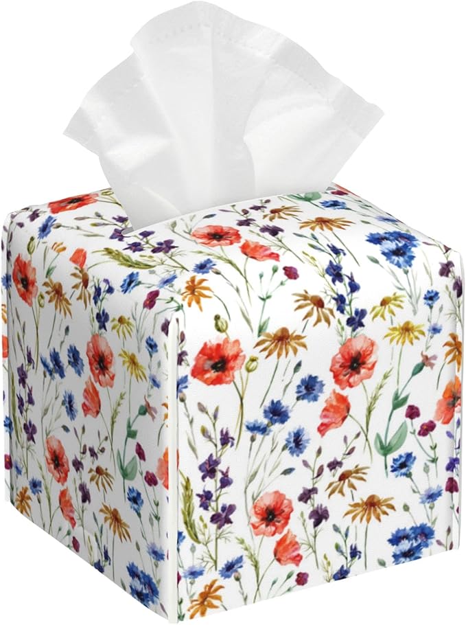 POIUBLE Watercolor Flowers Tissue Box Cover Daisy Leather Tissue Box Holder Square Facial Paper Organizer Dispenser for Bathroom Kitchen Bedroom Vanity Countertop Night Stands