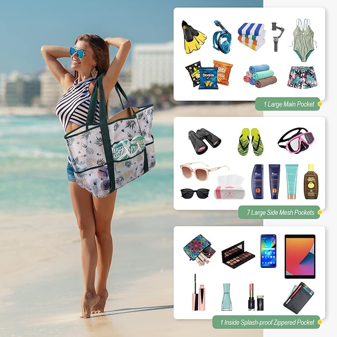 F-color Mesh Beach Bag Family - Large Tote Bag for Cruise Pool Toys Beach Vacation Essentials