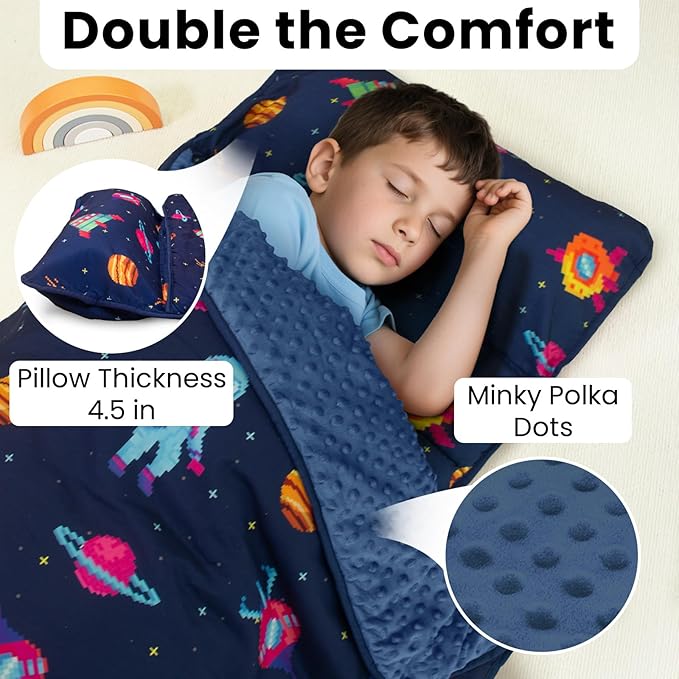 Beavtaens Toddler Nap Mat with Pillow and Minky Blanket, Large 55"x35" Sleeping Bag, Washable, Lightweight, Easy to Roll, Perfect for Preschool, Daycare, Kindergarten, Travel, Boys and Girls(Space)