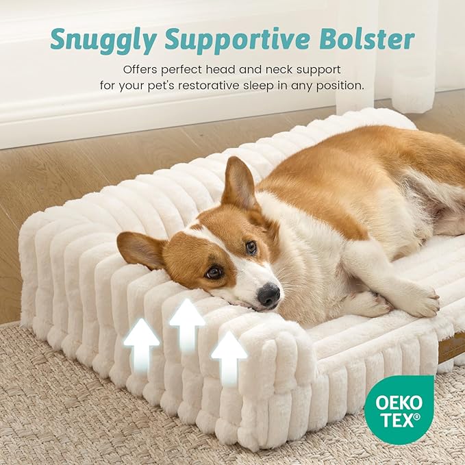 COZY KISS Cute Dog Bed, Faux Rabbit Fur Orthopedic Foam Dog Bed with Sides, Removable Washable Cover & Waterproof Lining, Comfortable Pet Couch for Small Dogs, Cream (30" L x 20" W x 6" Th)