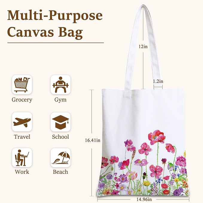 GICDSU Cotton Canvas Floral Tote Bag Aesthetic with Zipper, Reusable Grocery Bags, Beach Foldable ToteBag for Women, Funny Totebag with Inner Pocket for Shopping Travel Gym Work
