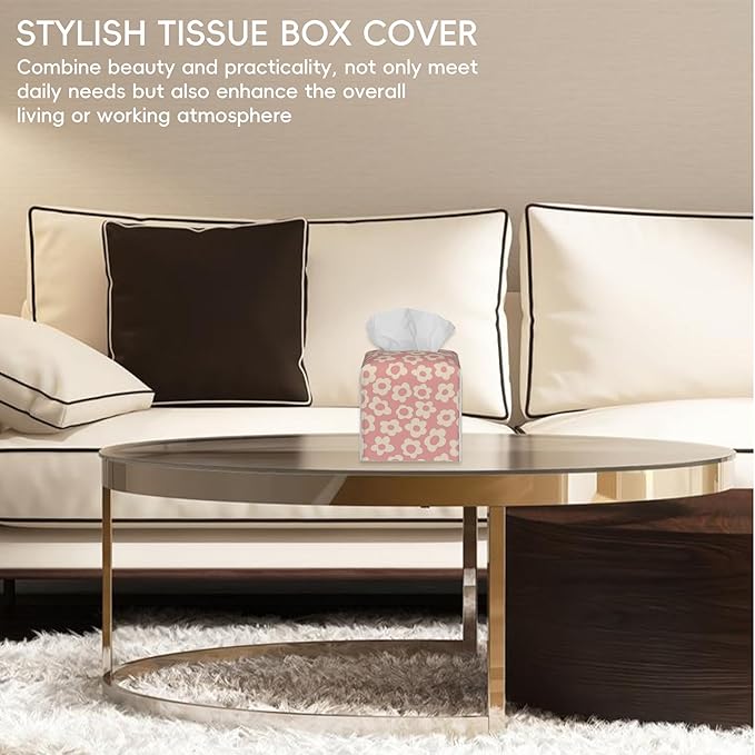 Tissue Box Cover Leather Tissue Box Holder Cube Tissue Case Cover Facial Paper Organizer Dispenser for Bathroom, Vanity Countertop, Office Desk (Vintage Groovy Flowers)