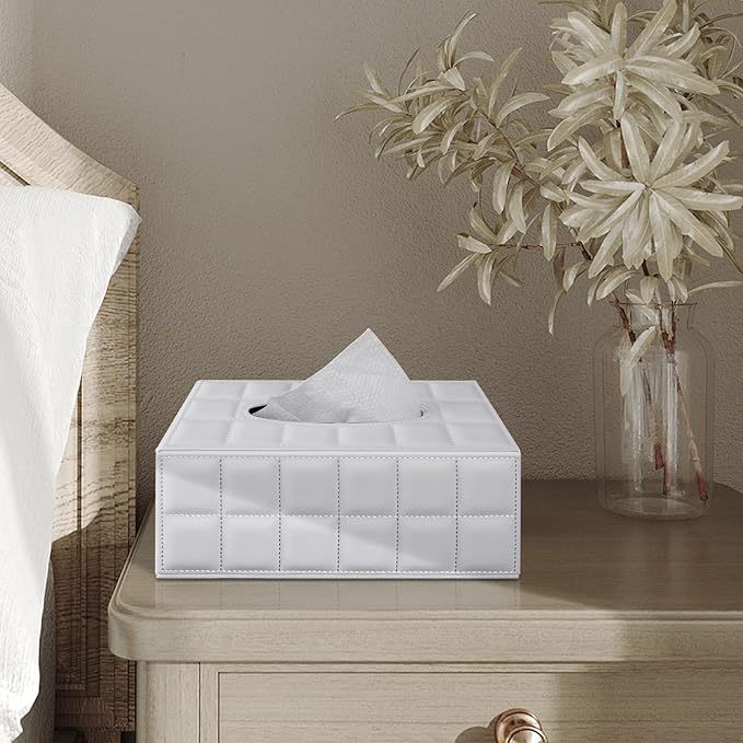 XNONE Tissue Box Cover Rectangle Tissue Box Holder PU Leather Facial Organizer with Magnetic Bottom,Decorative Napkin Caddy for Vanity Dresser Night Stand Table Countertop Home Office Car,White