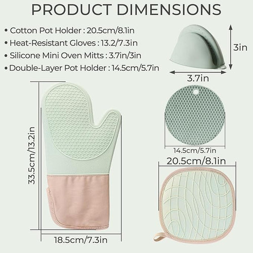8-Piece Silicone Oven Mitts Set,Heat Resistant Kitchen Gloves with Soft Cotton Lining, Pot Holders,Silicone Trivet Mats,& Mini Mitts for Cooking,Baking,BBQ(Light Green)