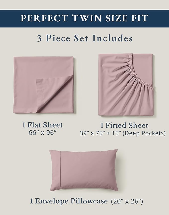 LANE LINEN Sustainable 100% Organic Cotton Twin Size Bed Sheets, Soft & Comfy Mercerized Fully Elasticized Naturally Cooling Machine Washable Twin Sheet Sets Cotton- Lilac
