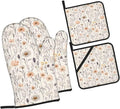 Oven Mitts and Pot Holders Sets of 4 Vintage Botanical Flower Leaf Kitchen Potholder Gloves Heat Resistant Non-Slip for Chef Baking Cooking Grilling BBQ Mittens