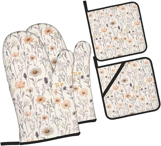 Oven Mitts and Pot Holders Sets of 4 Vintage Botanical Flower Leaf Kitchen Potholder Gloves Heat Resistant Non-Slip for Chef Baking Cooking Grilling BBQ Mittens