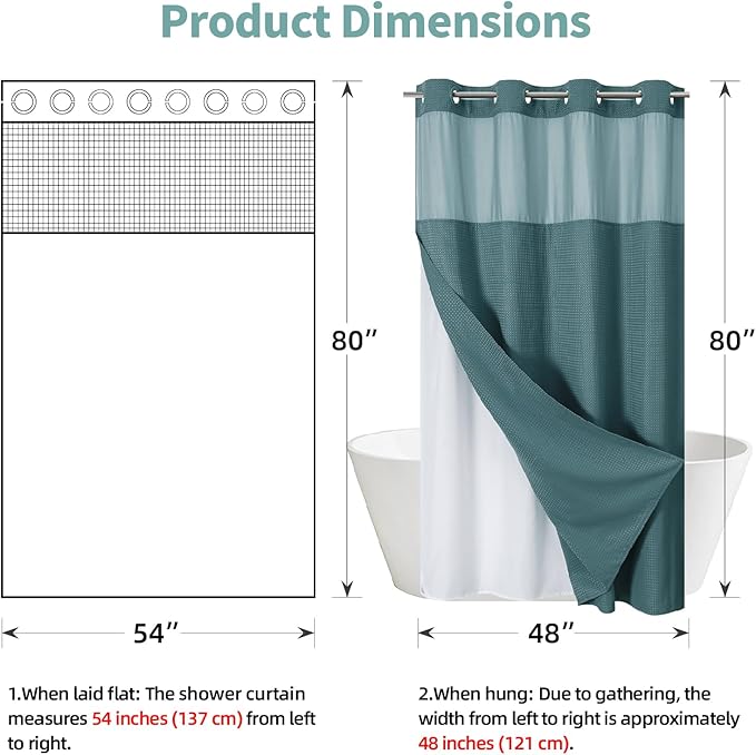 eachope SeawedGreen No Hook Waffle Weave Shower Curtain with snap-in Liner Replacement, 230GSM Waterproof Fabric Hotel Shower Curtain Set for Bathroom, Through Mesh Top Window,54Wx80H