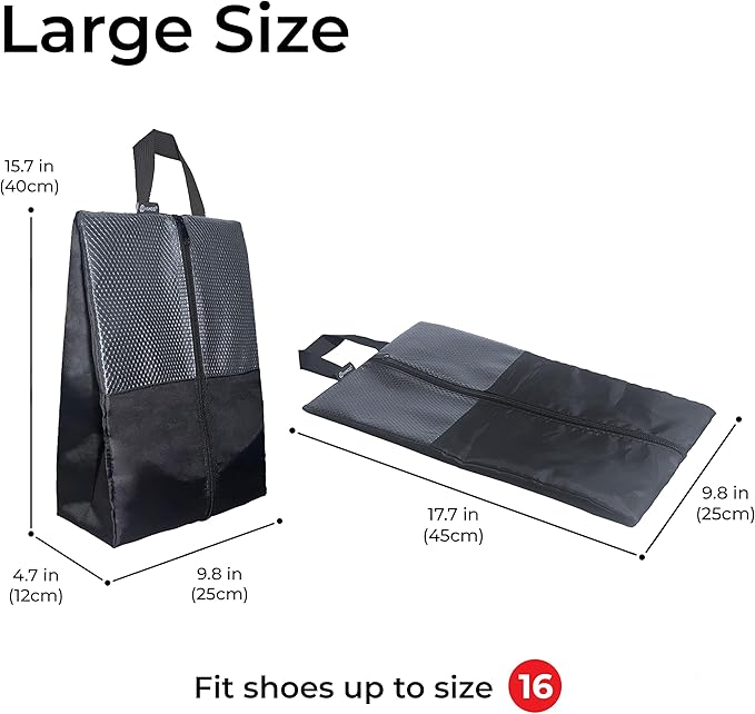HANOZI Shoe Bags For Travel, Used As For Storage or Shoe Travel Bag, Space Saving When Travelling With This Travel Shoe Bags For Packing, Featuring Waterproof Nylon Sneaker Bag. (Black, 2 Pack, Large)