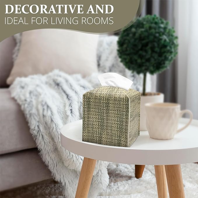 PU Leather Square Tissue Box Cover with Woven Pattern, Cube Tissue Box Holder with Bottom Belt, Perfect Decorative Organizer for Tabletop, Car, Office, Bathroom (Beige Olive Green)
