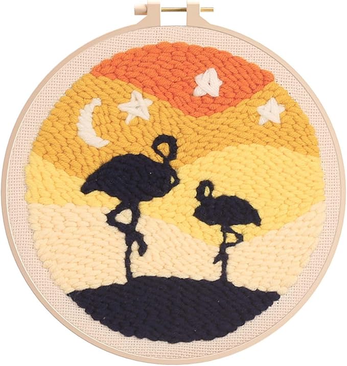 Allazone 3 Set Punch Needle Kits, 20cm Embroidery Starter Kits with Flamingos, Elk, Whales Pattern, Punch Needle Tool Threader Fabric Embroidery Hoop, Yarn for Crafts, Home Decor