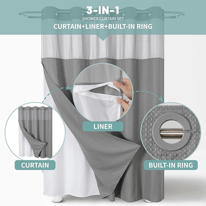 eachope Grey Long No Hook Waffle Weave Shower Curtain with snap-in Liner Replacement, 230GSM Waterproof Fabric Hotel Shower Curtain Set for Bathroom, Through Mesh Top Window,71Wx80H